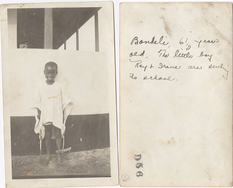 Fig. 11 Ray Northrip, “Bondeli, 6 ½ years old. The little boy Ray & Irene are sending to school,” Nigeria Mission photograph, recto and verso