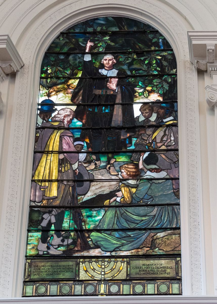 Joseph Lauber for Tiffany Studios, Reverend John Davenport preaching his first sermon in New Haven, stained glass, 1890
