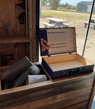 Exhibit at the Minidoka National Park Site Visitors Center, asking visitors to consider what they would pack into a suitcase if they were forcibly removed to an incarceration camp.