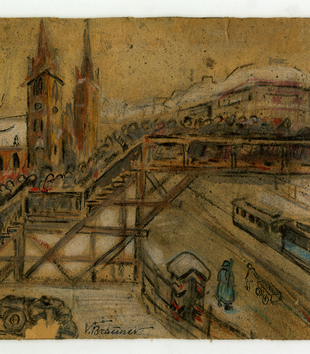 Painting of Łódź Ghetto Bridge by Vincent Brauner