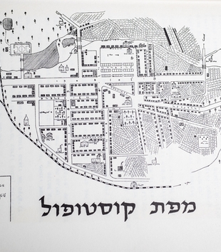 Black and white hand-drawn map with inscriptions in Hebrew