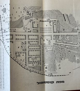 Black and white hand-drawn map with inscriptions in Hebrew