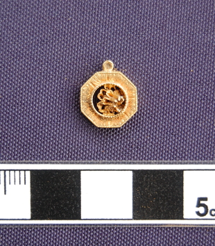 A round gold pendant on a purple background with a ruler