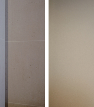 Photographs of Mezuzah “trace” covered with sticker, Paris (left) and the mezuzah relocated inside the family’s apartment (right)