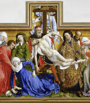 A panel painting depicts a pale, dead Christ being removed from a cross. A man climbs down a ladder behind the cross as Jesus is deposited among a vividly dressed group. A pale-faced woman in a blue dress swoons to the ground among the attendants.