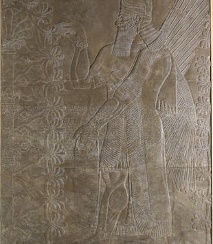A large, alabaster bas-relief depicts a human-headed male figure with wings. He strides forward and reaches to pick fruit from a sacred tree. He holds a pail in his left hand. A cuneiform inscription runs horizontally across the middle of the relief.