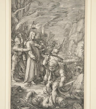 At left in an engraving, soldiers surround Christ and begin to tie him up. Judas embraces Christ and kisses him on the cheek. In the foreground, an elderly Peter raises his sword to attack a man lying on the ground. 
