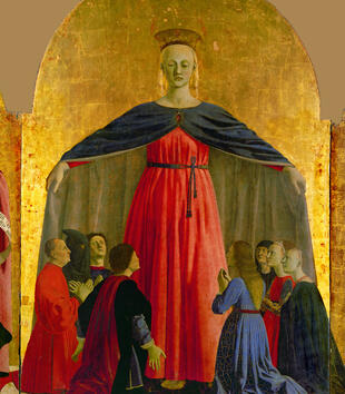 In a detail of a triptych, a light-skinned Marian figure in a red dress and crown opens wide her blue robe. A collection of light-skinned worshippers rendered on a smaller scale kneel at her feet. The background of the image is a shiny gold leaf. 