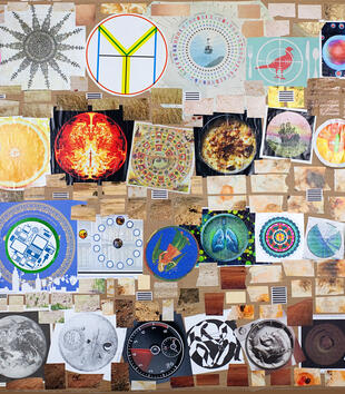 In a paper collage, images of circular objects are arranged in horizontal lines on a rectangular cardboard backing. They include images of cut oranges, earth, a spedometer, and a bulls eye.