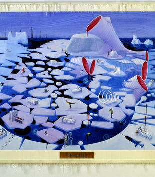A surreal painting depicts a frozen body of water splintered into ice sheets. Each is a platform for figures who skate, receive x-rays, or lie in hospital beds. Humanoid shapes in the background are sliced and dripping blood. Pills float among the water.