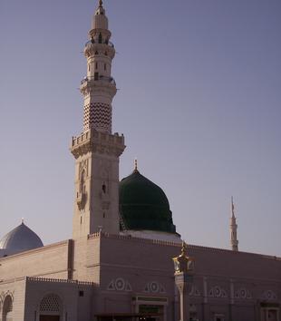 A rectangular mosque with a flat roof is photographed from the side. One large minaret and a central green dome on the building are visible.