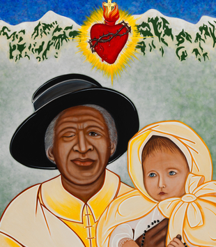 Illustration of a woman with grey hair and dark skin, in a yellow and white dress and black hat, holds a baby in a yellow bonnet. Behind them are mountains and a sacred heart.