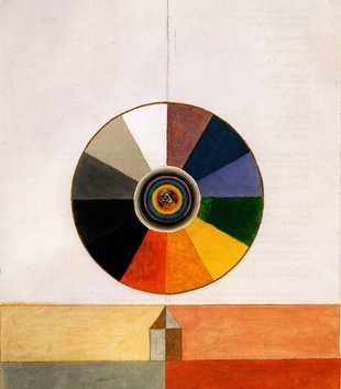 Abstract painting with a circle at its centre divided up into segments of block colour