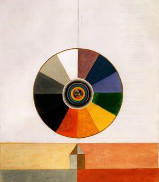 Abstract painting with a circle at its centre divided up into segments of block colour