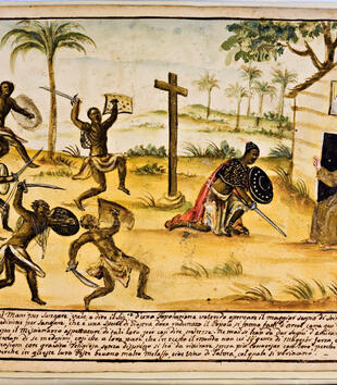 Illustration of a Congolese army attacking a seated European monk in front of a steepled building and cross. Background is palm trees on sandy ground.