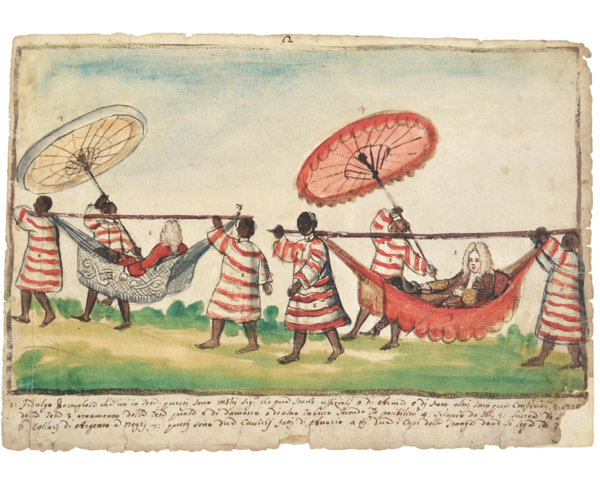 Watercolor of aristocratic gentlemen being carried in hammocks, shielded from the sun with parasols