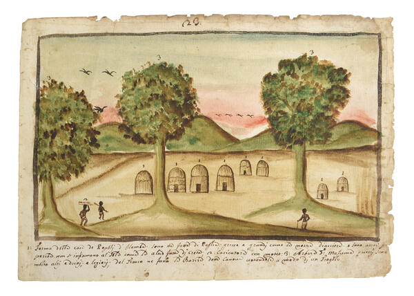 Watercolor landscape depicting three green trees and a number of small houses