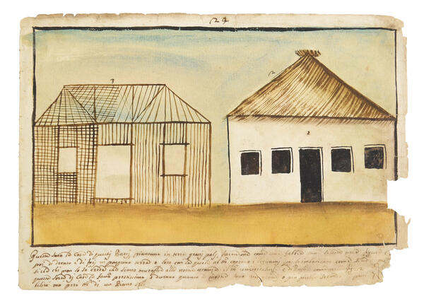 Watercolor of two house structures, one with a roof and walls, another with just a skeleton