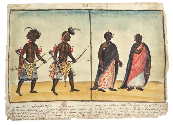 Watercolor of two men wearing fur pelts, headdresses and holding weapons; and two women wearing decorated robes or dresses