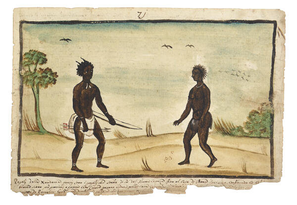 Watercolor of a man and woman, both topless and wearing pelts, facing each other. The man holds a bow and arrow.