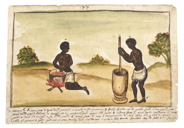 Watercolor of two people cooking. One pounds maize in a mortar. The other sits behind a cauldron.
