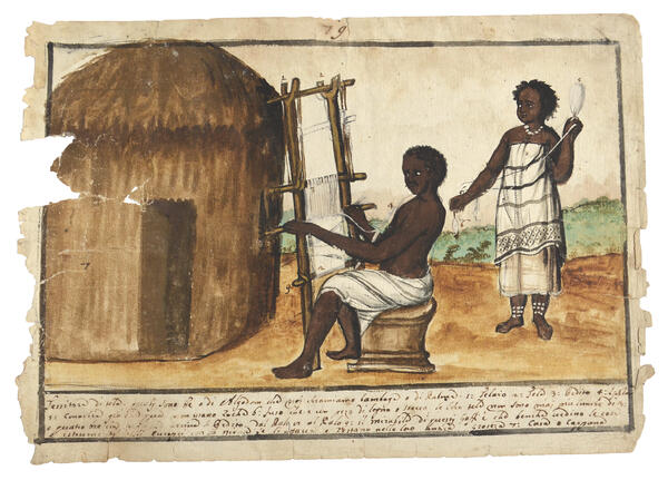 Watercolor of two people weaving on a loom outside a hut. One person sits before the loom, while the other holds the spool of thread. 