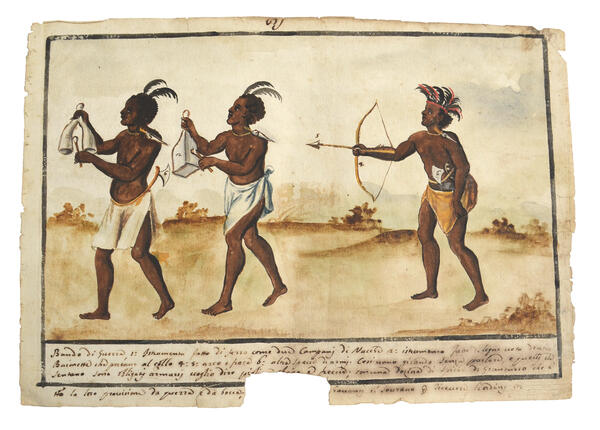 Watercolor of three men wearing pelts and headdresses. Two play instruments and the other holds a bow and arrow.