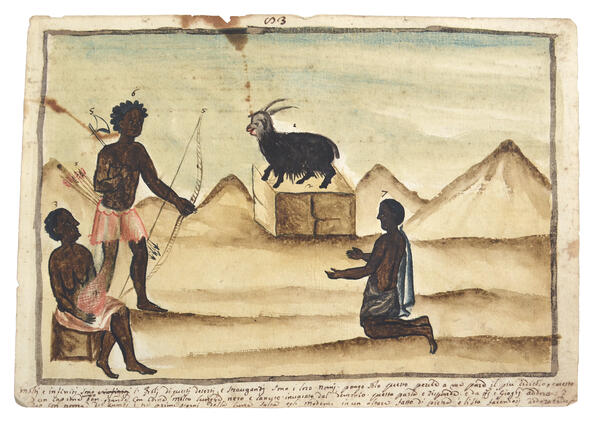 Watercolor of three people standing before a goat on a raised platform. One person kneels, one person is seated holding a vase, and one person stands holding a bow and arrow. 