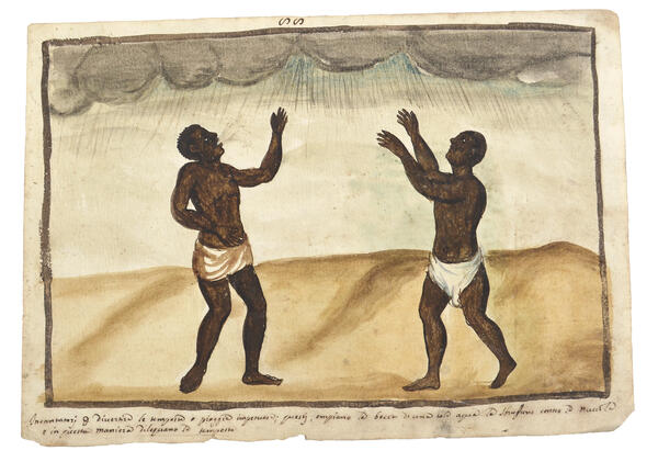 Watercolor of two men raising their arms and gesturing towards rain clouds in the sky