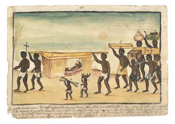 Watercolor of a monk being carried in a wooden box. A group of people carry his luggage following behind.