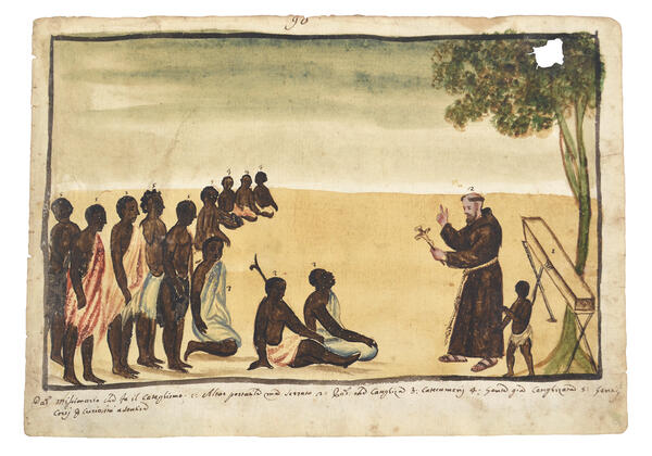 Watercolor of a Christian missionary speaking to a group of people gathered before him.