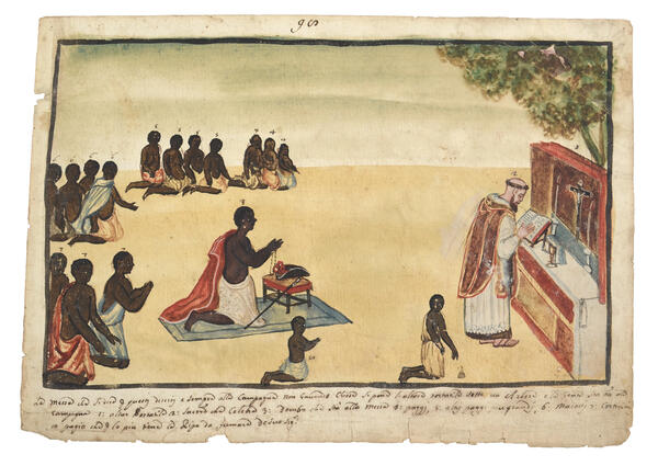 Watercolor of a Chrisitian missionary giving mass in the open air. The priest reads from an alter and one man kneels before him while others gather