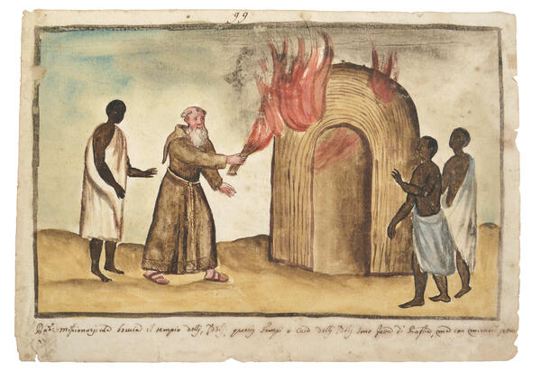 Watercolor of a Christian missionary burning down a straw hut.