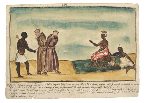 Watercolor of two missionaries tied together as prisoners. They are being presented before a seated queen.
