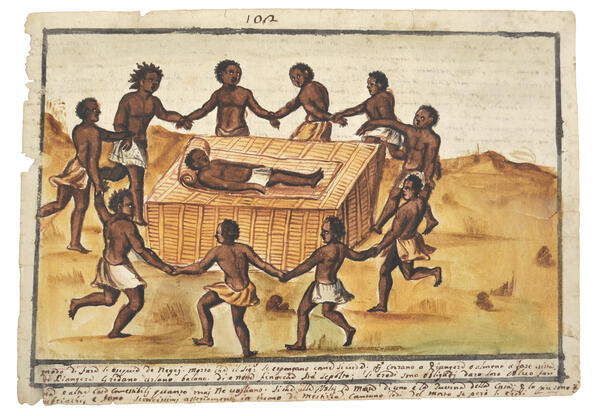Watercolor of men conducting a funeral. They hold hands and encircle the body, which lies on a platform.