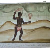 Watercolor of a man holding feather objects in each hand. There are storm clouds above his head.