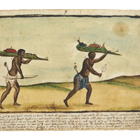 Watercolor of two men carrying produce and meat on their head and shoulders