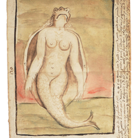 Watercolour of a 'woman fish', half woman half fish, sunbathing on land