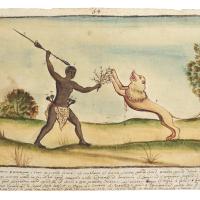 Watercolor of a man wearing a garment similar to a loin cloth and holding a spear above his head, fighting off a lion with a thorn