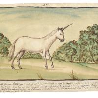 Watercolor of a white unicorn standing in front of a background of trees