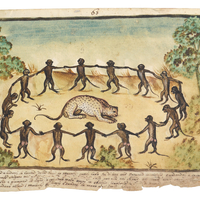 Watercolor of a group of macaques holding hands and encircling a tiger