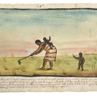Watercolor of a woman working on the land with a baby strapped to her back. Another baby stands beside her.