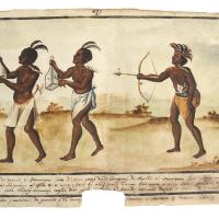 Watercolor of three men wearing pelts and headdresses. Two play instruments and the other holds a bow and arrow.