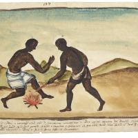 Watercolor of one man burning another man's leg with a hot iron