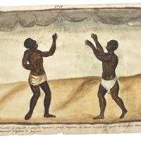 Watercolor of two men raising their arms and gesturing towards rain clouds in the sky