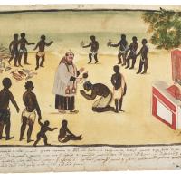 Watercolor of a Christian missionary baptising a knelling man while others gather. There is a portable alter on one side of the image.