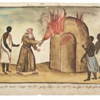 Watercolor of a Christian missionary burning down a straw hut.