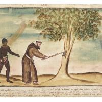 Watercolor of a Christian Missionary cutting down a tree with an axe while two onlookers watch.