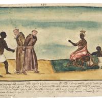 Watercolor of two missionaries tied together as prisoners. They are being presented before a seated queen.