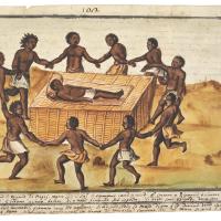 Watercolor of men conducting a funeral. They hold hands and encircle the body, which lies on a platform.